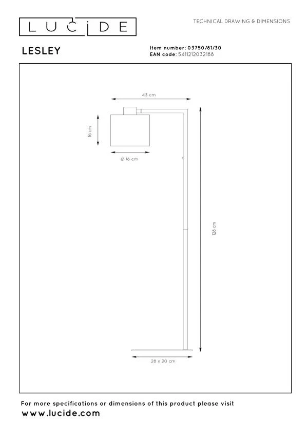 Lucide LESLEY - Floor lamp - 1xE27 - Black - technical
